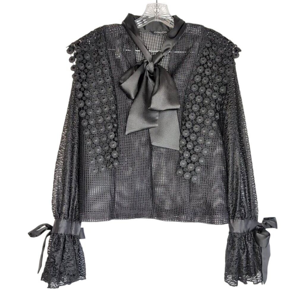 CQ by CQ black mesh & lace poly top with satin bow detailing, size small